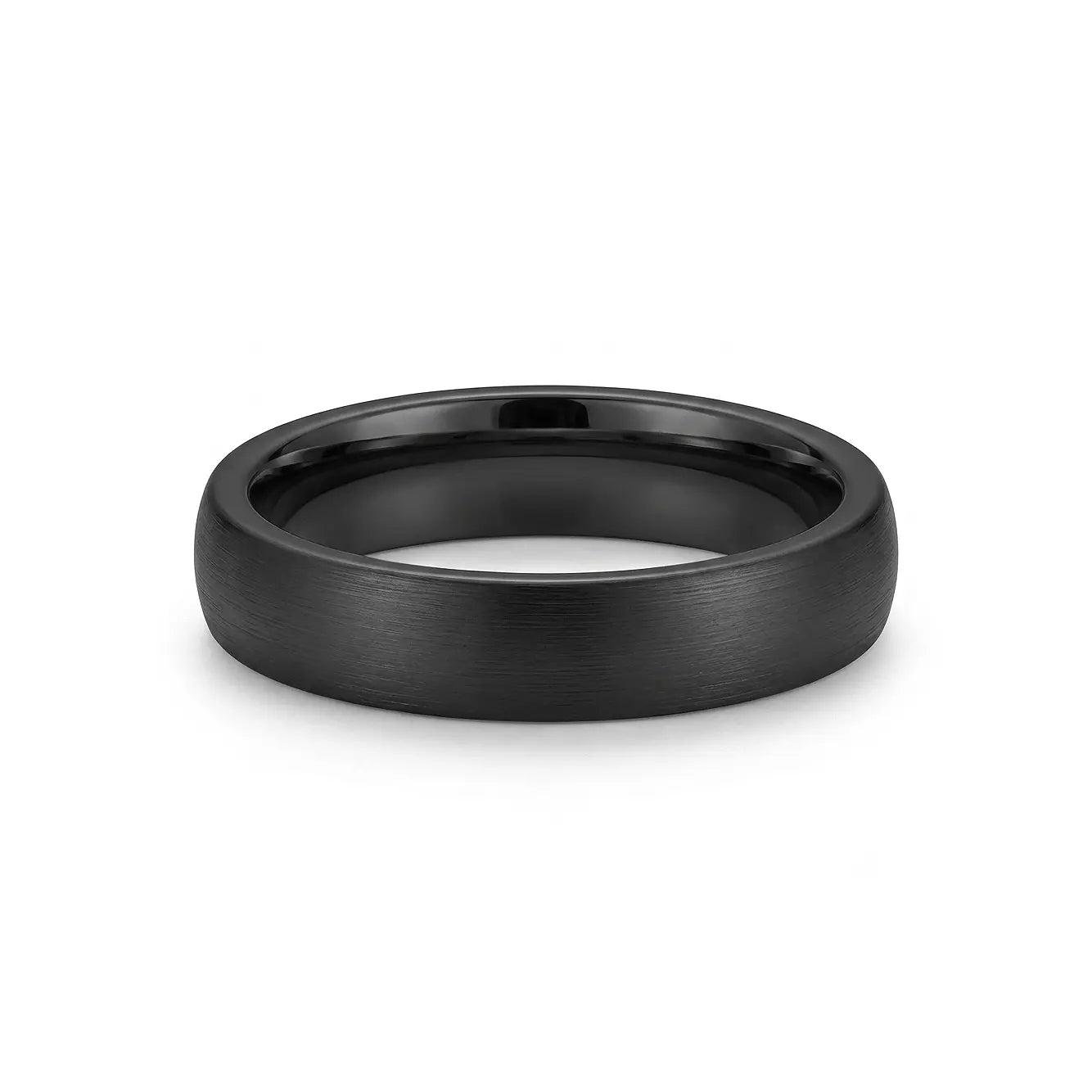 Side view of a 4mm brushed black tungsten wedding ring showing the matte brushed finish and polished inner comfort fit.