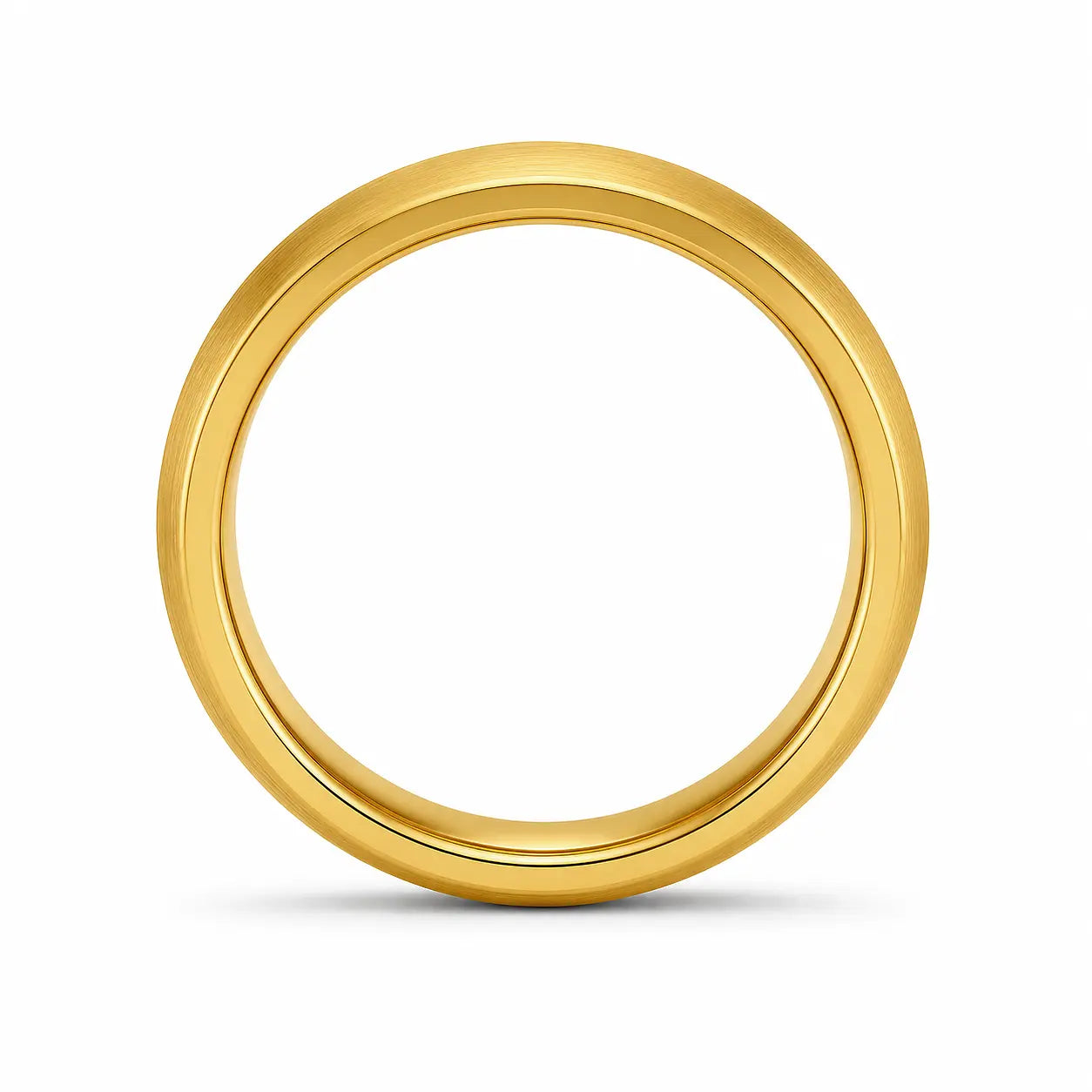 Side profile of a 4mm brushed gold tungsten wedding ring showing its comfort fit thickness