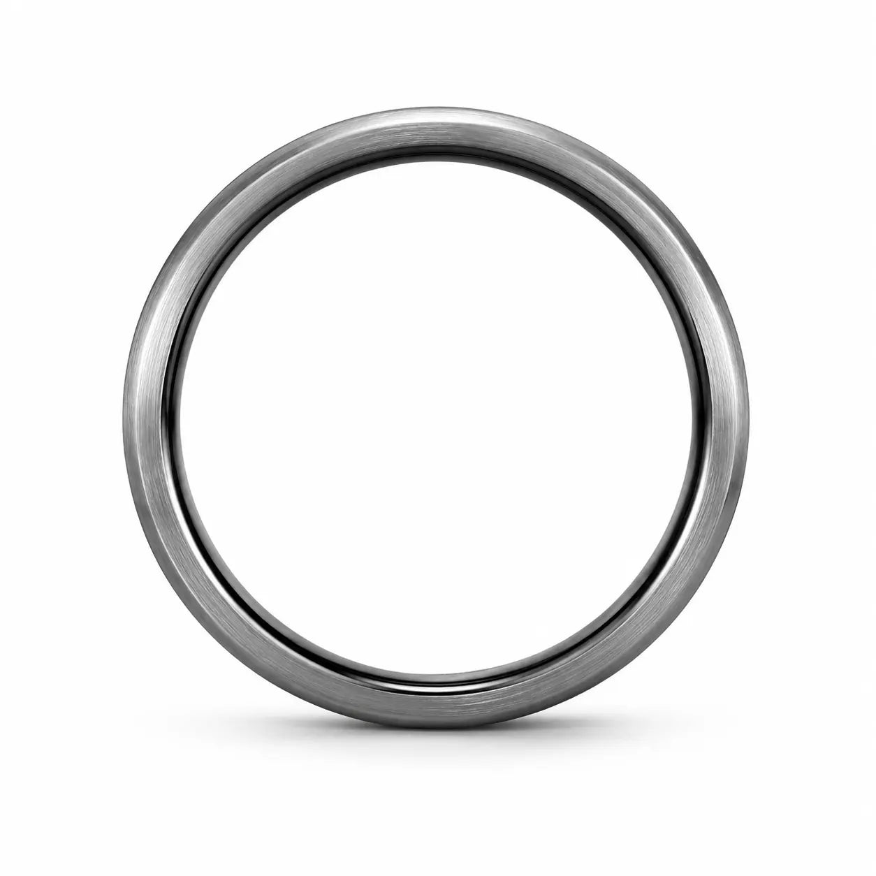 Side view of a 4mm brushed silver tungsten wedding ring with black inner band on a white background