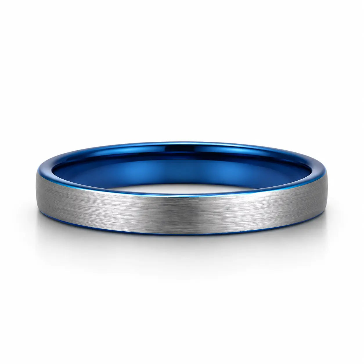 Brushed silver 4mm tungsten wedding ring with polished blue inner band lying flat on a white studio background