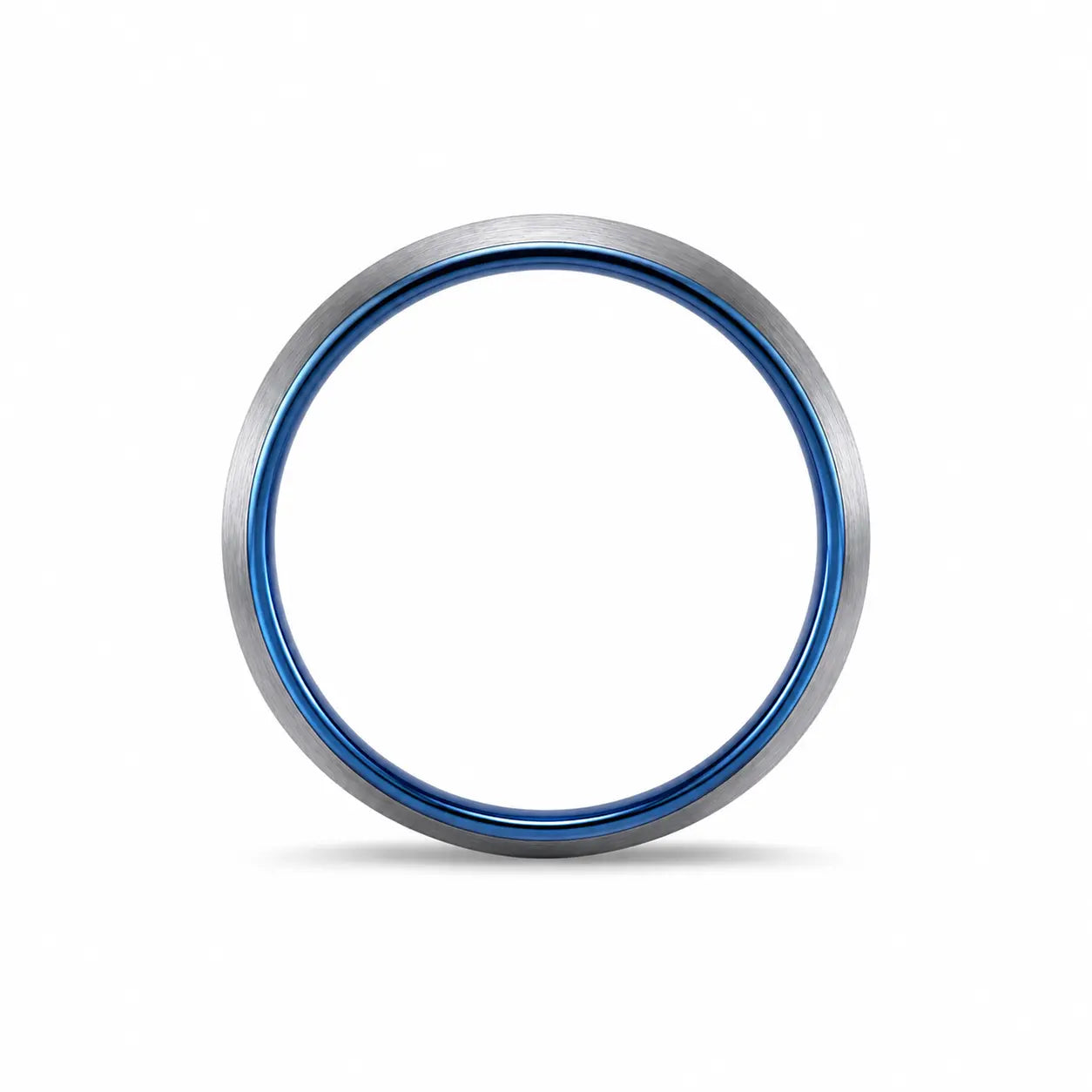 Front view of an 4mm brushed silver tungsten wedding ring with polished blue inner band on a white background