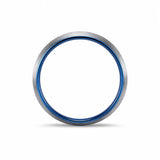 Front view of an 4mm brushed silver tungsten wedding ring with polished blue inner band on a white background
