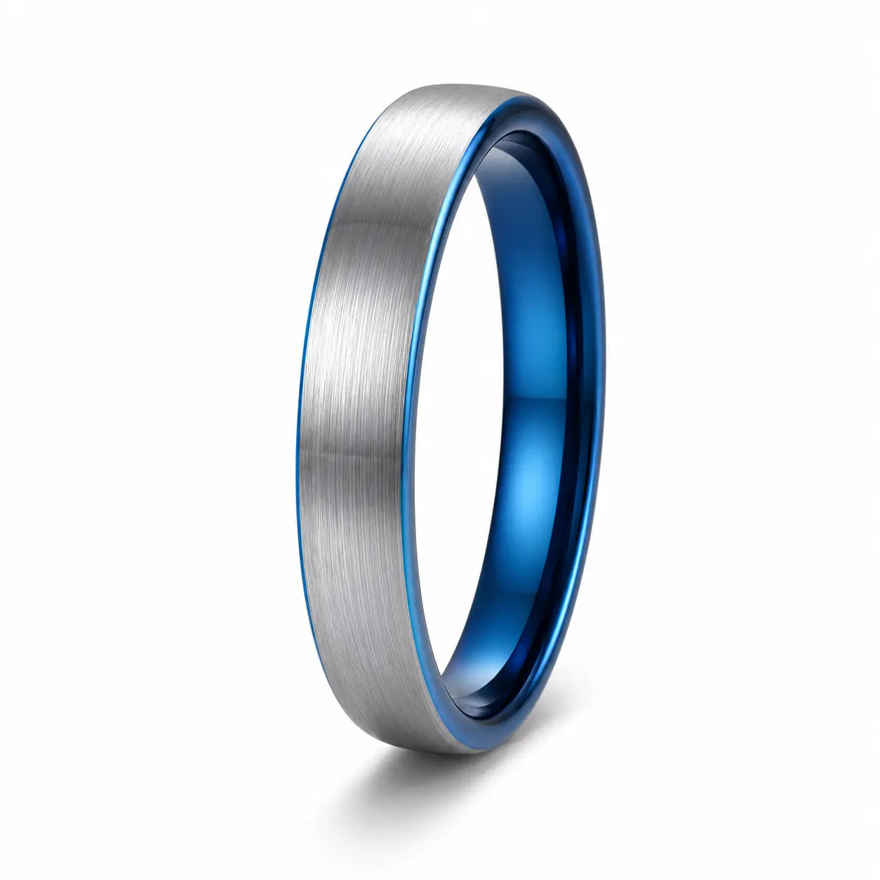 4mm brushed silver tungsten wedding ring with polished blue inner band on a white background