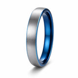 4mm brushed silver tungsten wedding ring with polished blue inner band on a white background