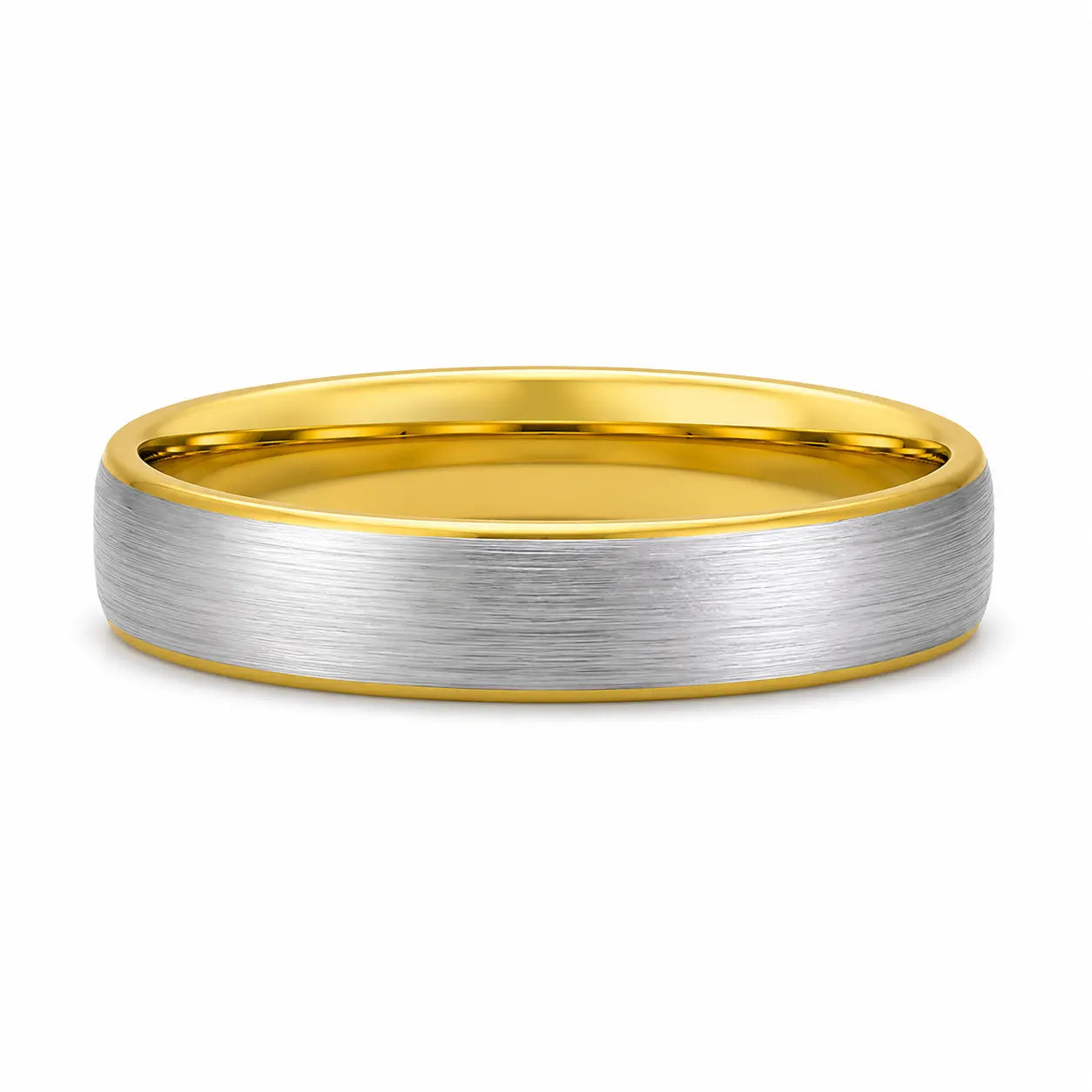 Brushed silver 4mm tungsten wedding ring with polished gold inner band lying flat on a white studio background