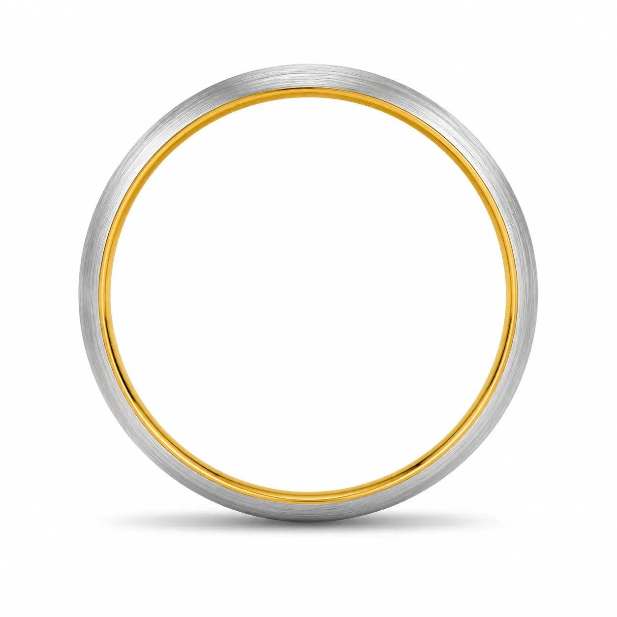 Front view of an 4mm brushed silver tungsten wedding ring with polished gold inner band on a white background