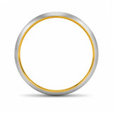Front view of an 4mm brushed silver tungsten wedding ring with polished gold inner band on a white background