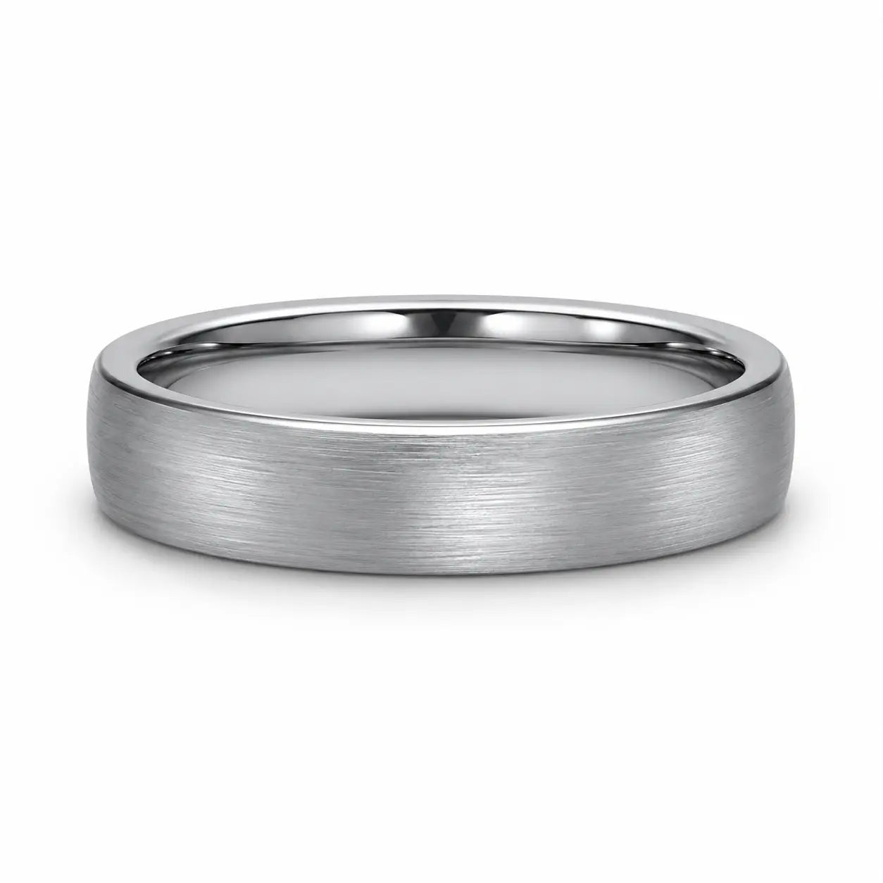 4mm brushed silver tungsten wedding ring lying flat showing the brushed finish and polished comfort fit interior