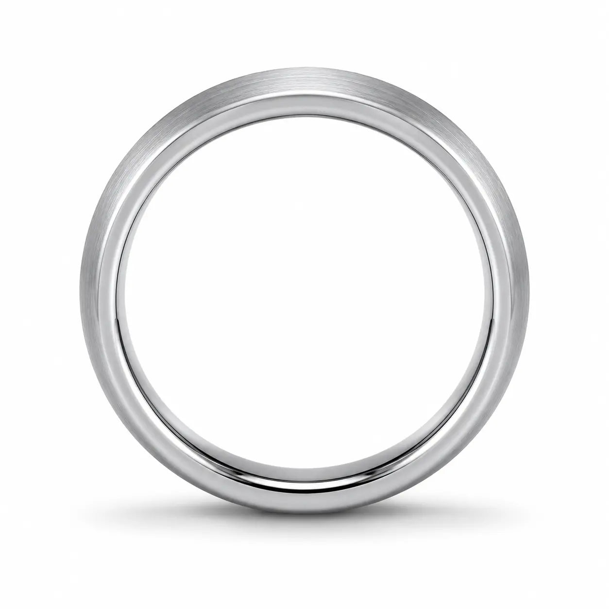 Side profile of a 4mm brushed silver tungsten wedding ring showing its comfort fit thickness