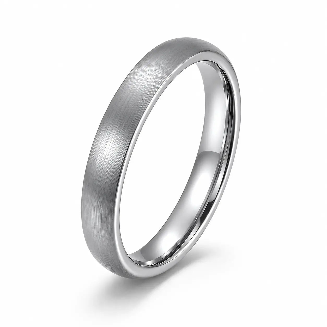 4mm brushed silver tungsten wedding ring with comfort fit profile on a white background