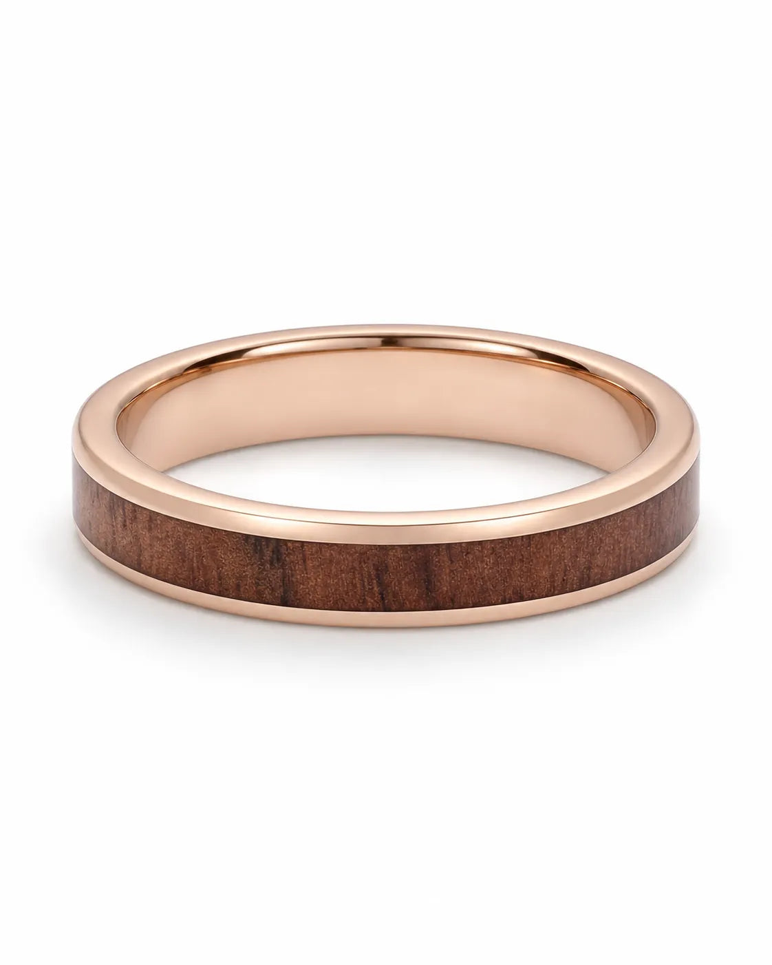 A 4mm rose gold tungsten and wood inlay ring lying flat on a white background.