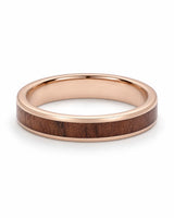 A 4mm rose gold tungsten and wood inlay ring lying flat on a white background.