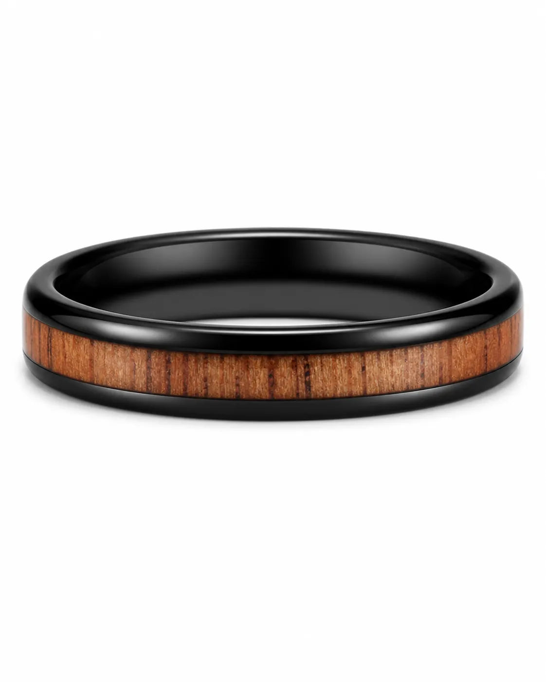 A 4mm black tungsten and wood inlay ring lying flat on a white background.