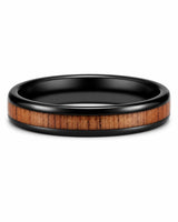 A 4mm black tungsten and wood inlay ring lying flat on a white background.