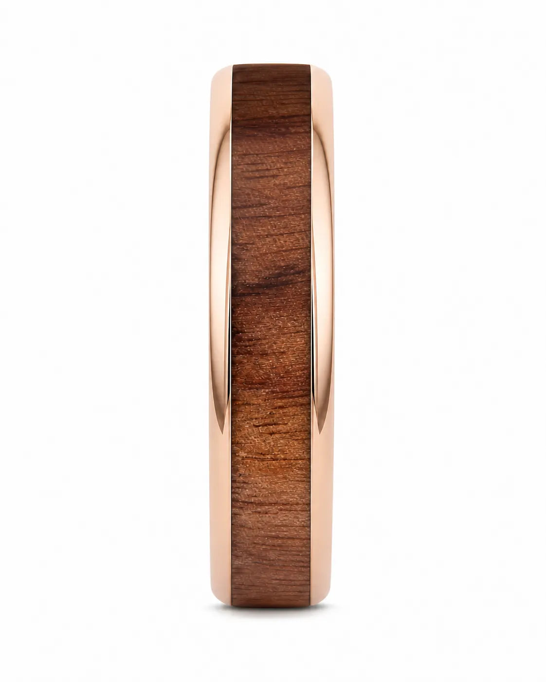 Front view of a circular 4mm rose gold tungsten ring with a natural wood inlay.