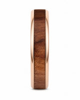Front view of a circular 4mm rose gold tungsten ring with a natural wood inlay.