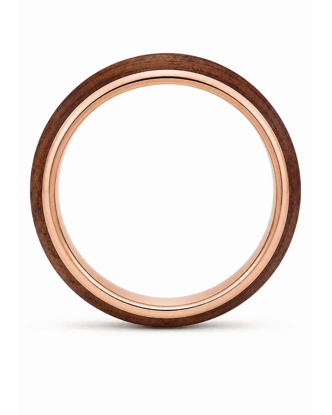 Side profile of a 4mm rose gold tungsten ring with a reddish-brown wood centre.