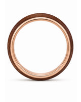 Side profile of a 4mm rose gold tungsten ring with a reddish-brown wood centre.