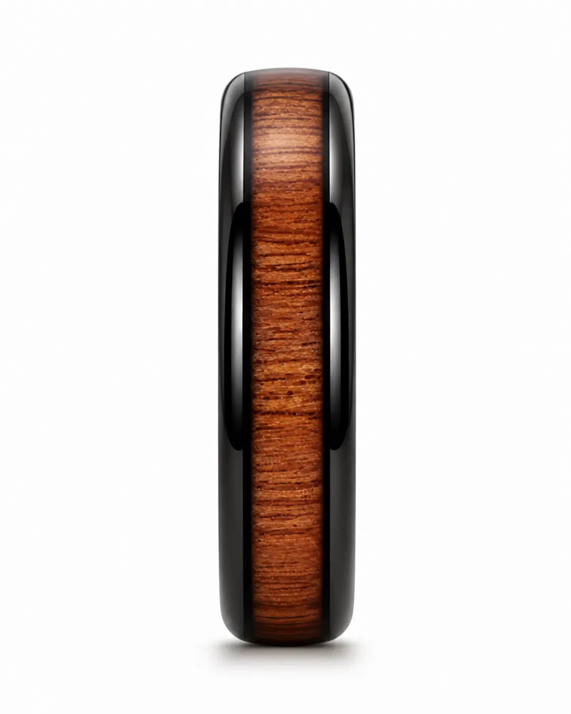Side profile of a 4mm rose gold tungsten ring with a reddish-brown wood centre.