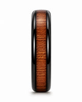 Side profile of a 4mm rose gold tungsten ring with a reddish-brown wood centre.