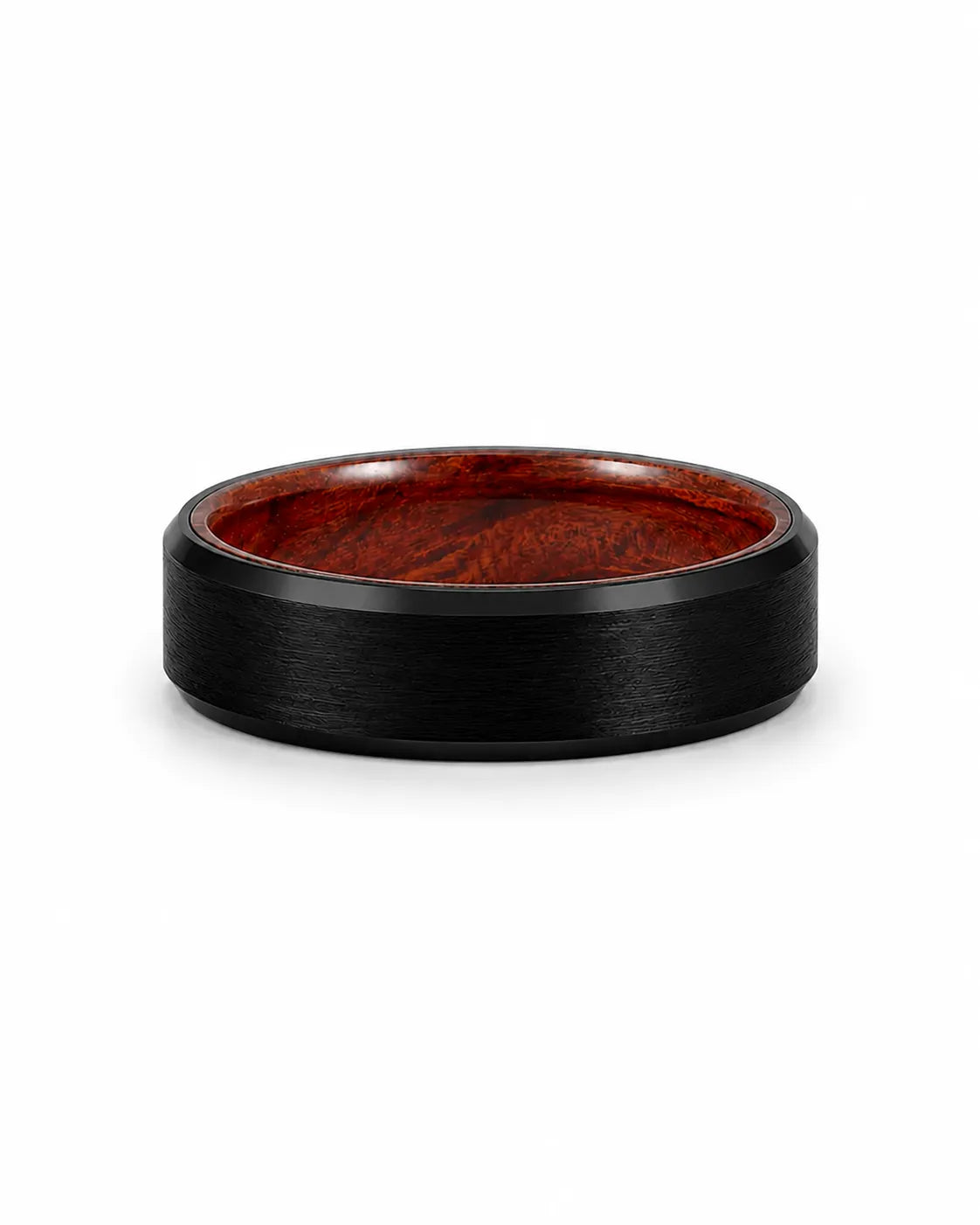 6mm brushed black tungsten wedding ring with polished edges and genuine whiskey wood sleeve lying flat on a white background.