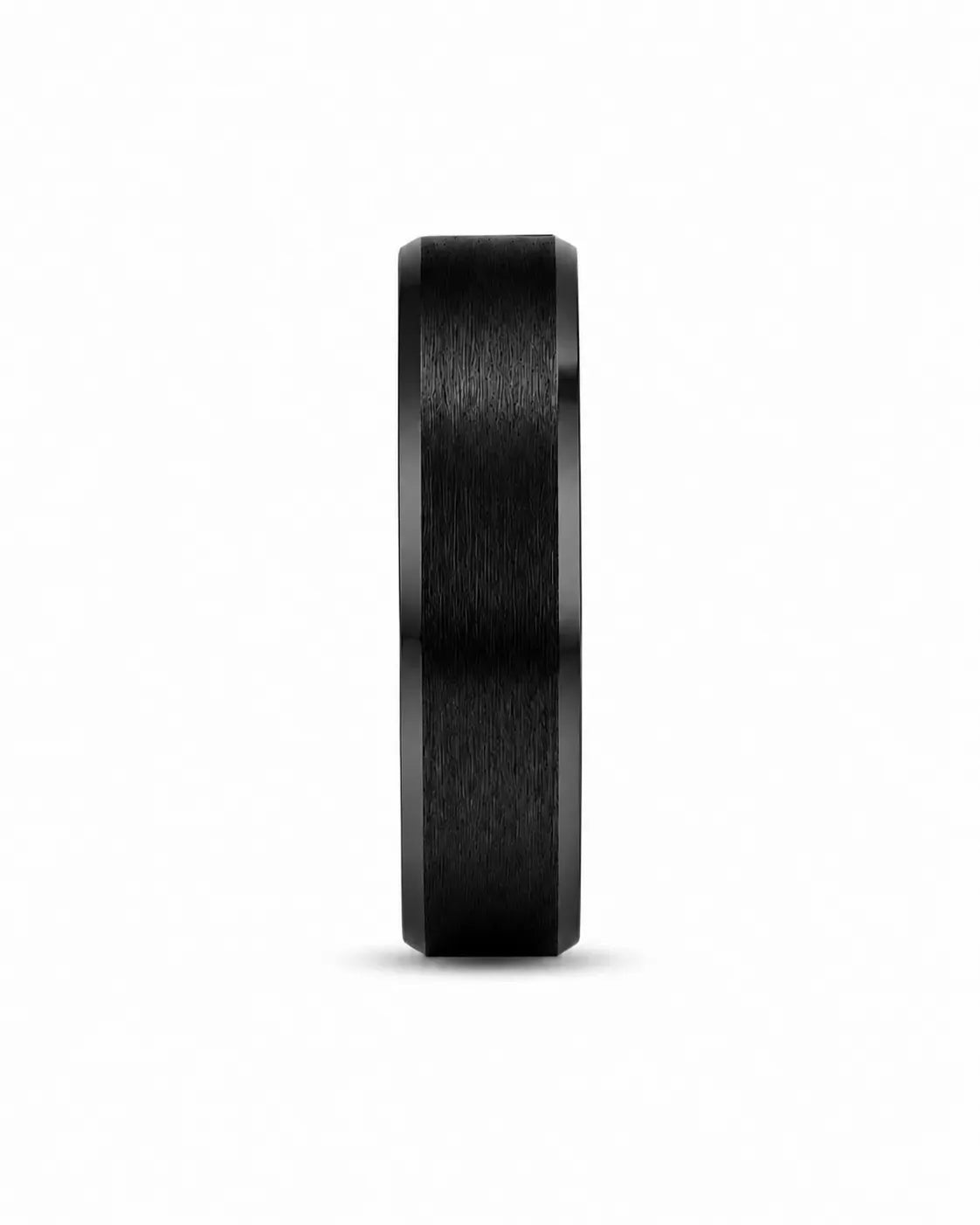 Front view of an 6mm brushed black tungsten wedding ring with polished edges and genuine whiskey wood sleeve.