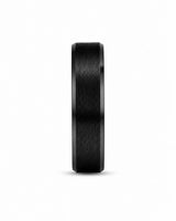 Front view of an 6mm brushed black tungsten wedding ring with polished edges and genuine whiskey wood sleeve.