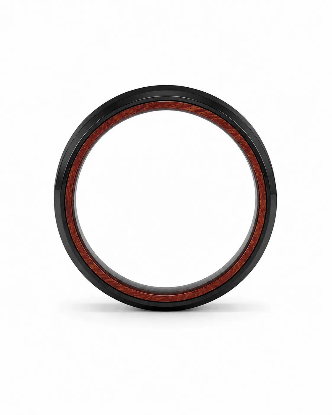 Side profile of an 6mm brushed black tungsten wedding ring with polished edges and genuine whiskey wood sleeve.