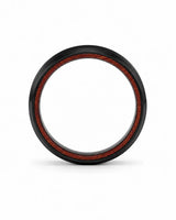 Side profile of an 6mm brushed black tungsten wedding ring with polished edges and genuine whiskey wood sleeve.