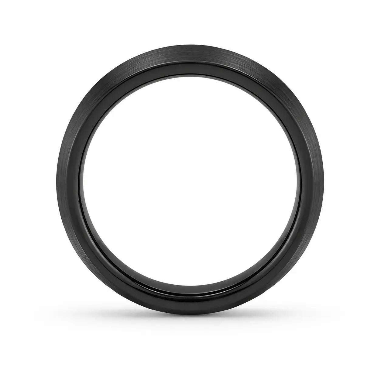 Front view of a 6mm brushed black tungsten wedding ring showing the comfort fit profile and brushed matte finish.
