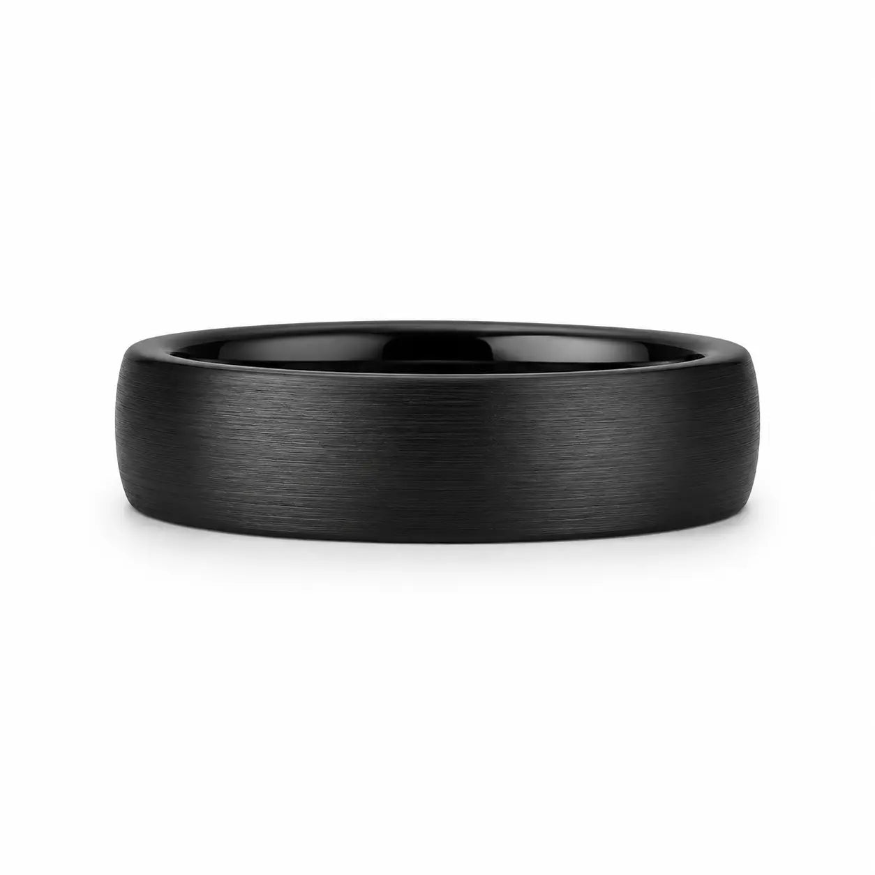Profile view of a 6mm brushed black tungsten wedding ring highlighting its comfort fit design and brushed finish.