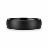 Profile view of a 6mm brushed black tungsten wedding ring highlighting its comfort fit design and brushed finish.