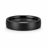 Side view of a 6mm brushed black tungsten wedding ring showing the matte brushed finish and polished comfort fit interior.