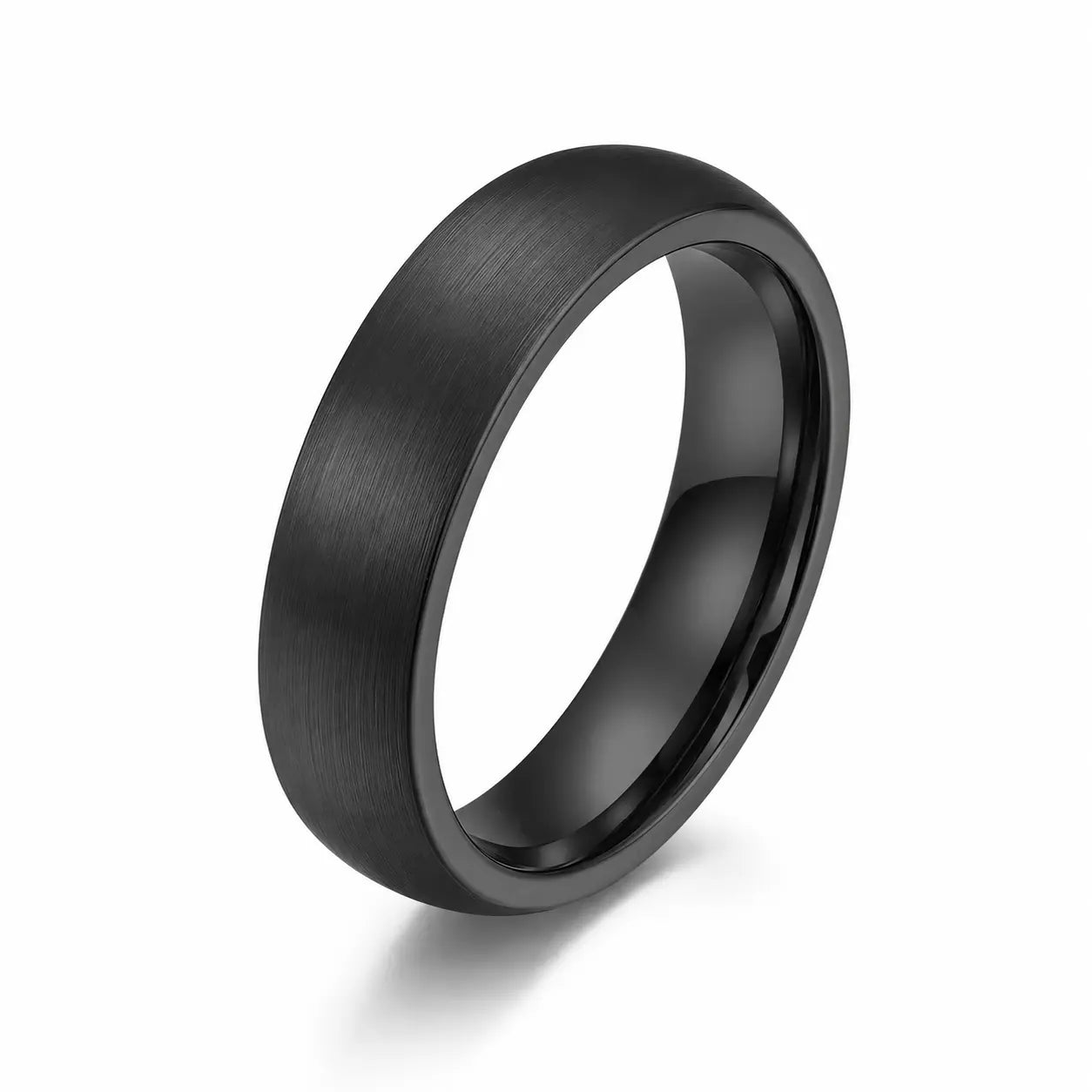 6mm brushed black tungsten wedding ring with a matte brushed finish and polished comfort fit interior.