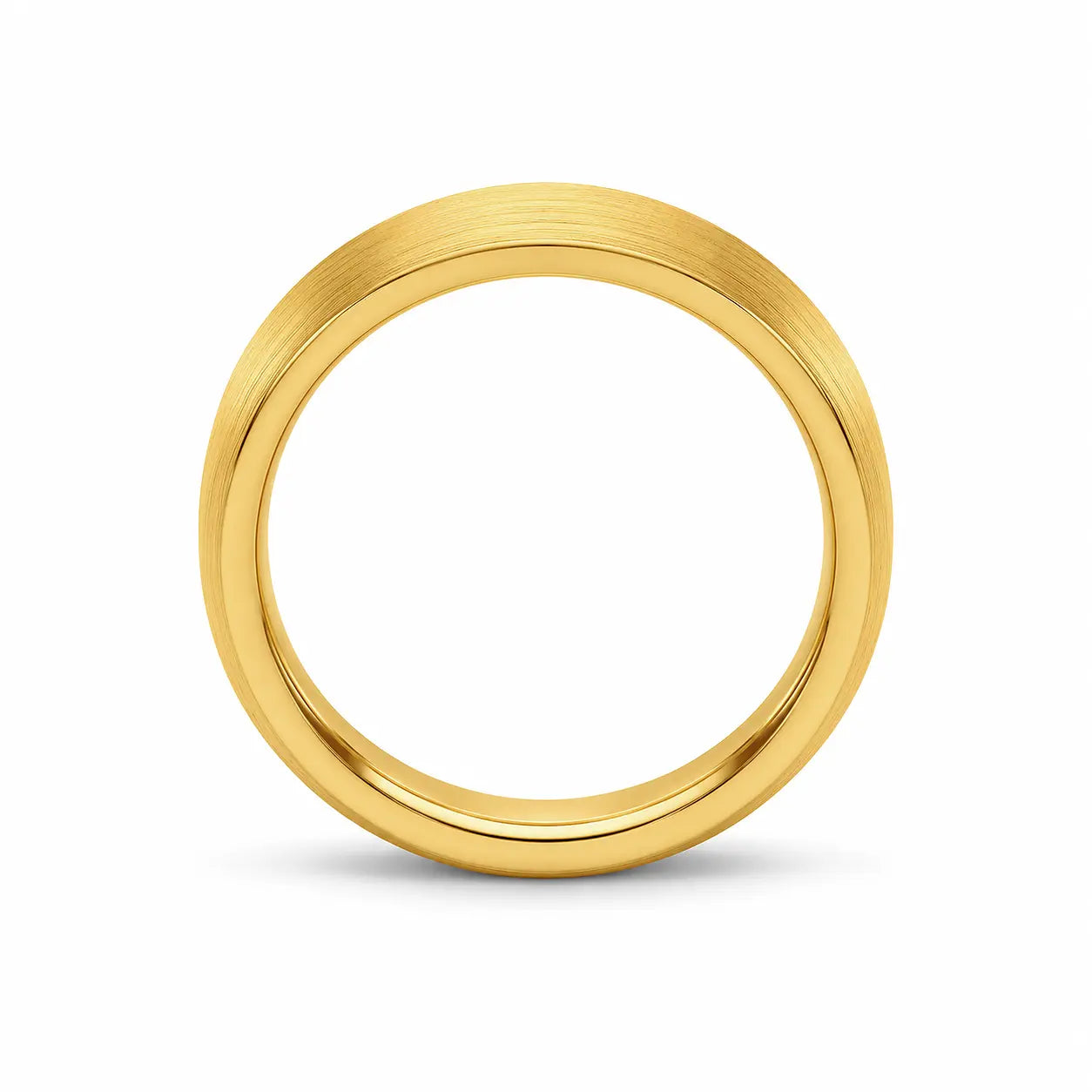 Side profile of a 6mm brushed gold tungsten wedding ring showing its comfort fit thickness