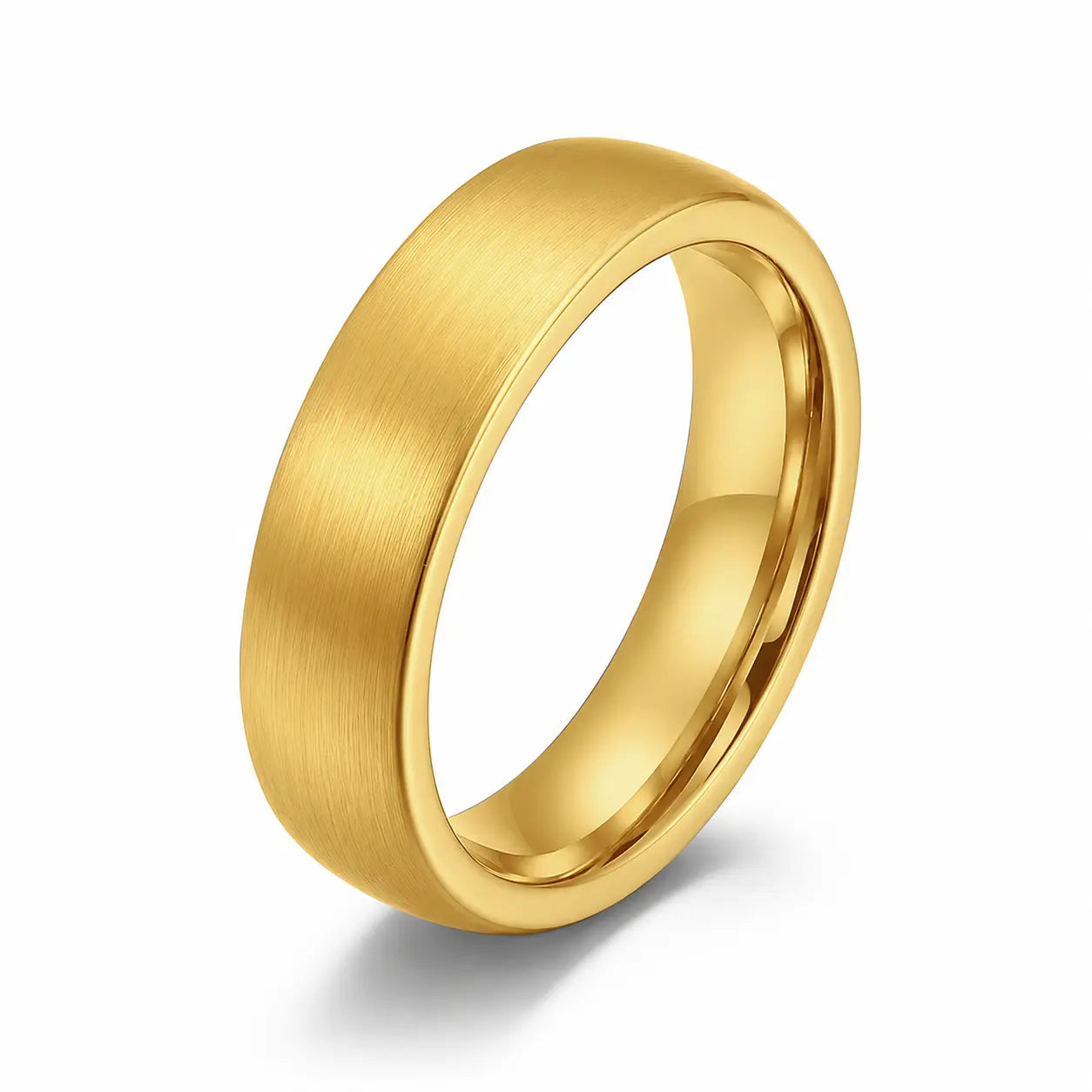 6mm brushed gold tungsten wedding ring with comfort fit profile on a white background