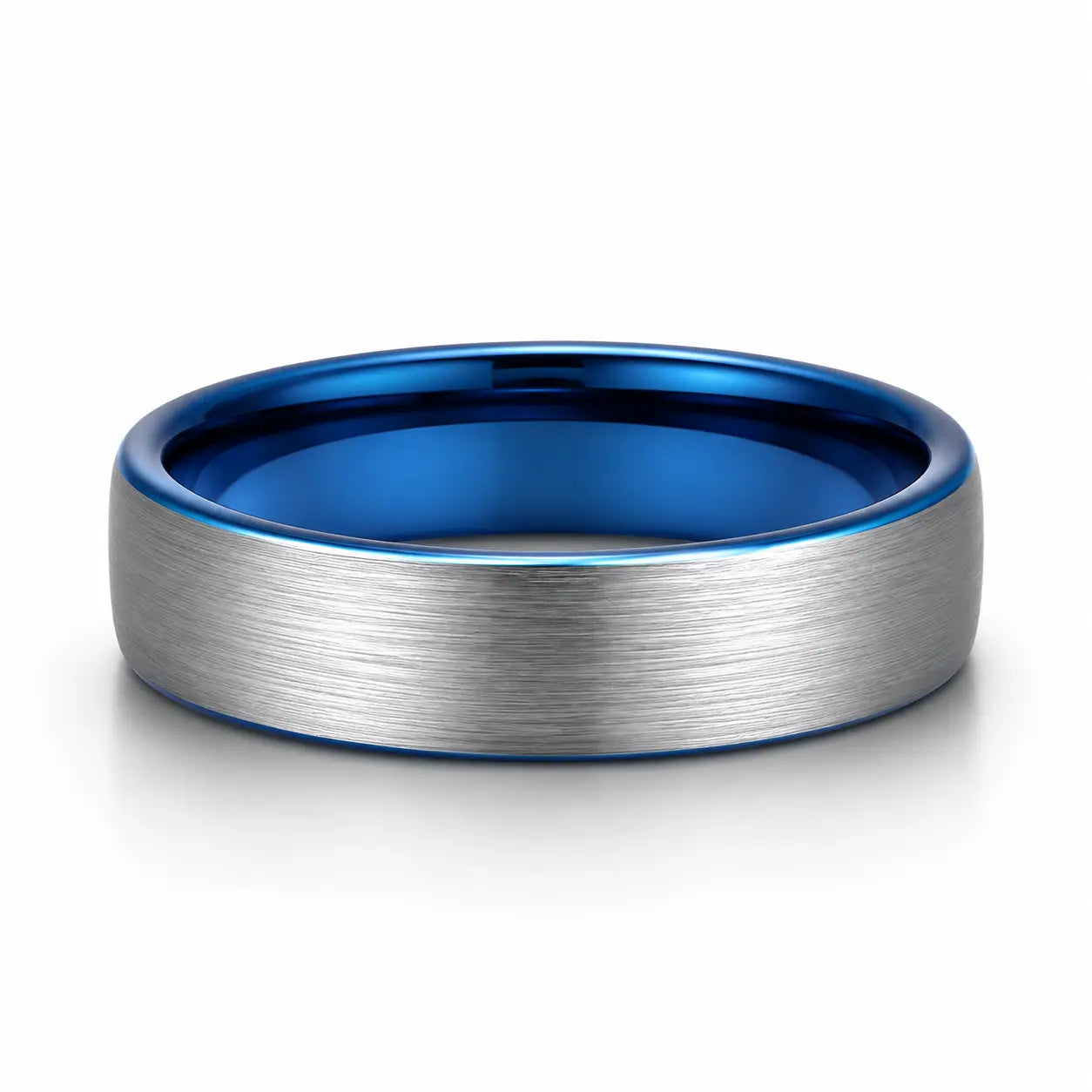 Brushed silver 6mm tungsten wedding ring with polished blue inner band lying flat on a white studio background