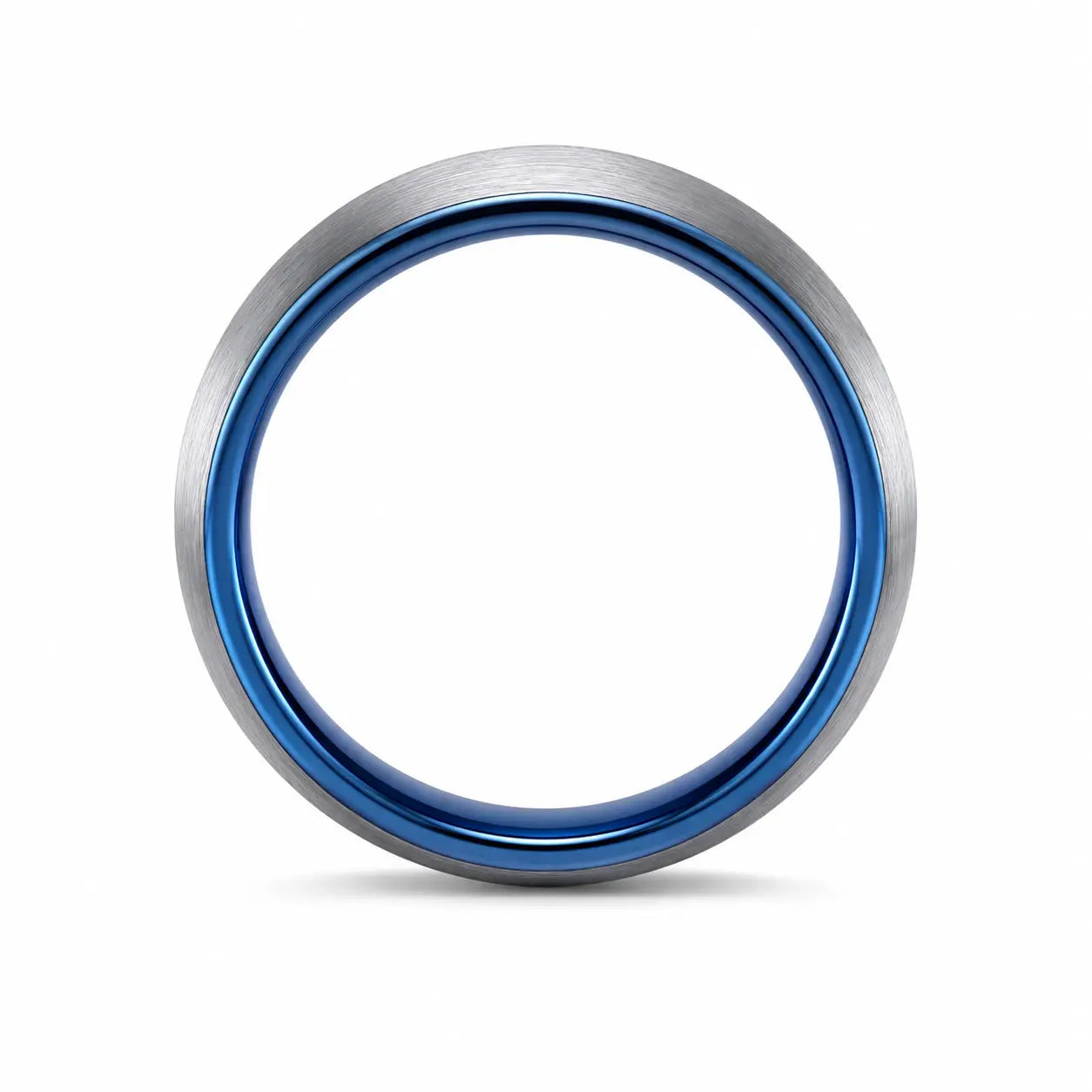 Front view of an 6mm brushed silver tungsten wedding ring with polished blue inner band on a white background