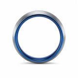 Front view of an 6mm brushed silver tungsten wedding ring with polished blue inner band on a white background