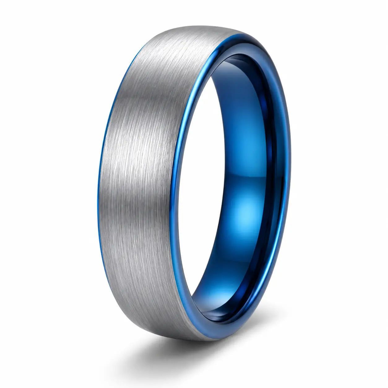 6mm brushed silver tungsten wedding ring with polished blue inner band on a white background