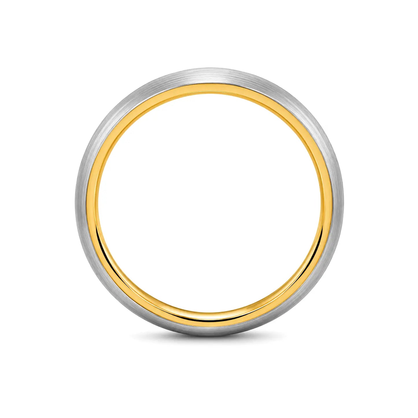 Brushed silver 6mm tungsten wedding ring with polished gold inner band lying flat on a white studio background