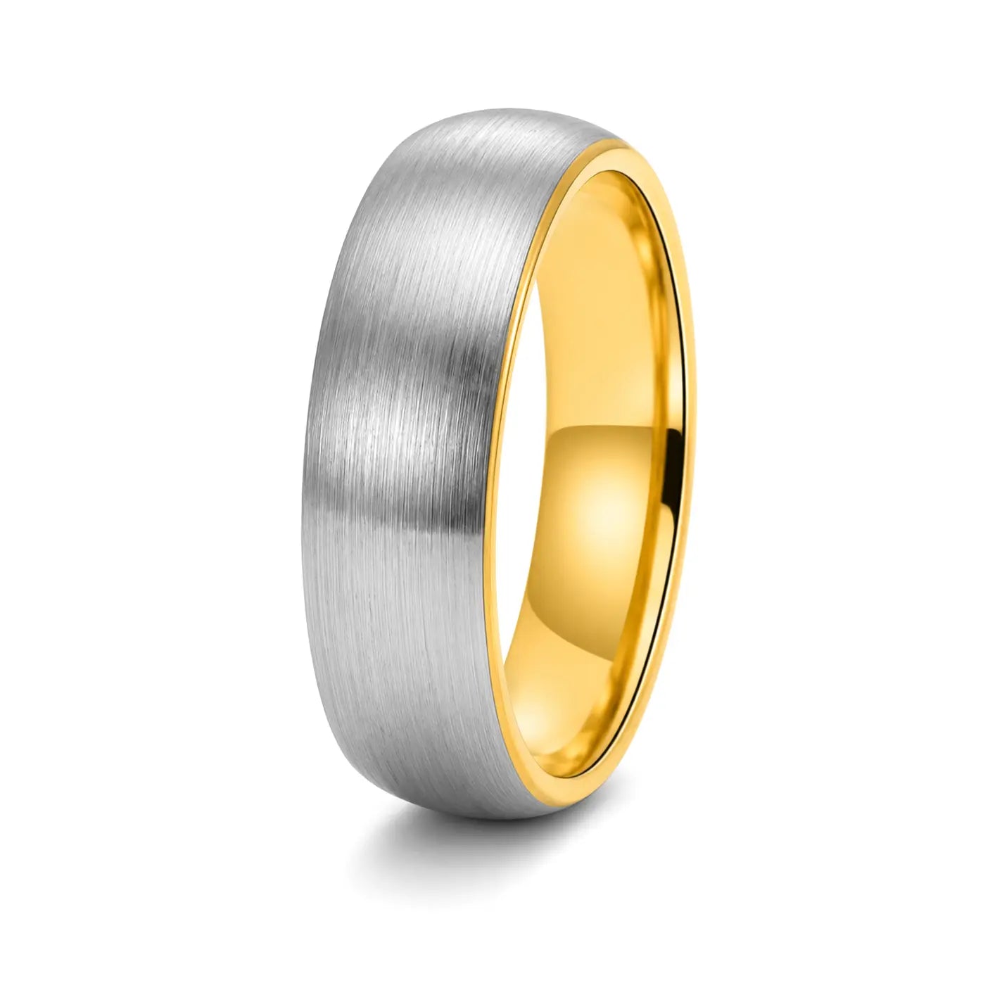 6mm brushed silver tungsten wedding ring with polished fold inner band on a white background