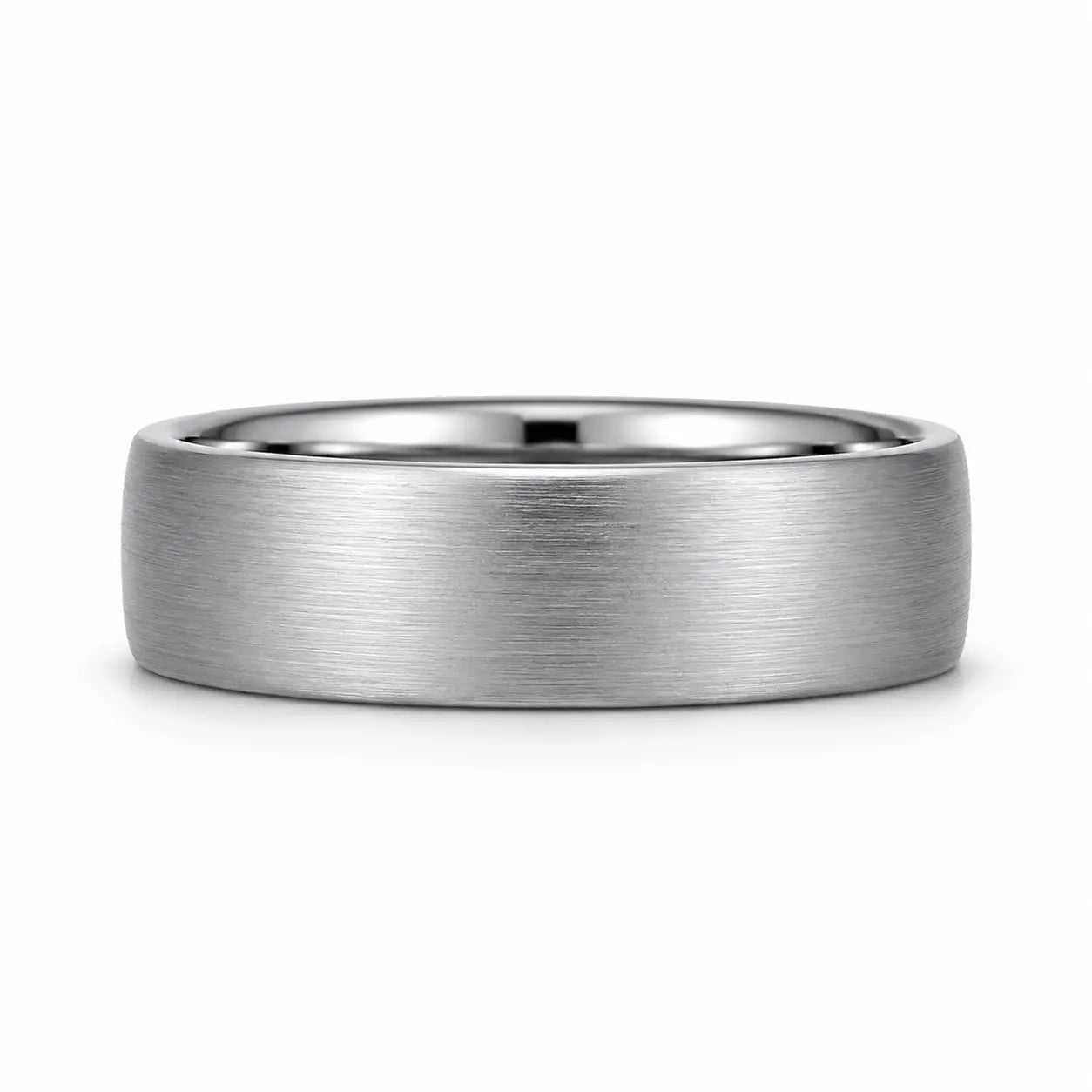 Brushed silver 6mm tungsten ring lying flat on a white studio background