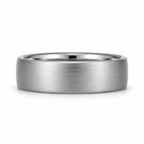 Brushed silver 6mm tungsten ring lying flat on a white studio background