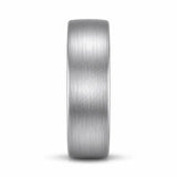 Front view of a 6mm brushed silver tungsten wedding ring on a white background