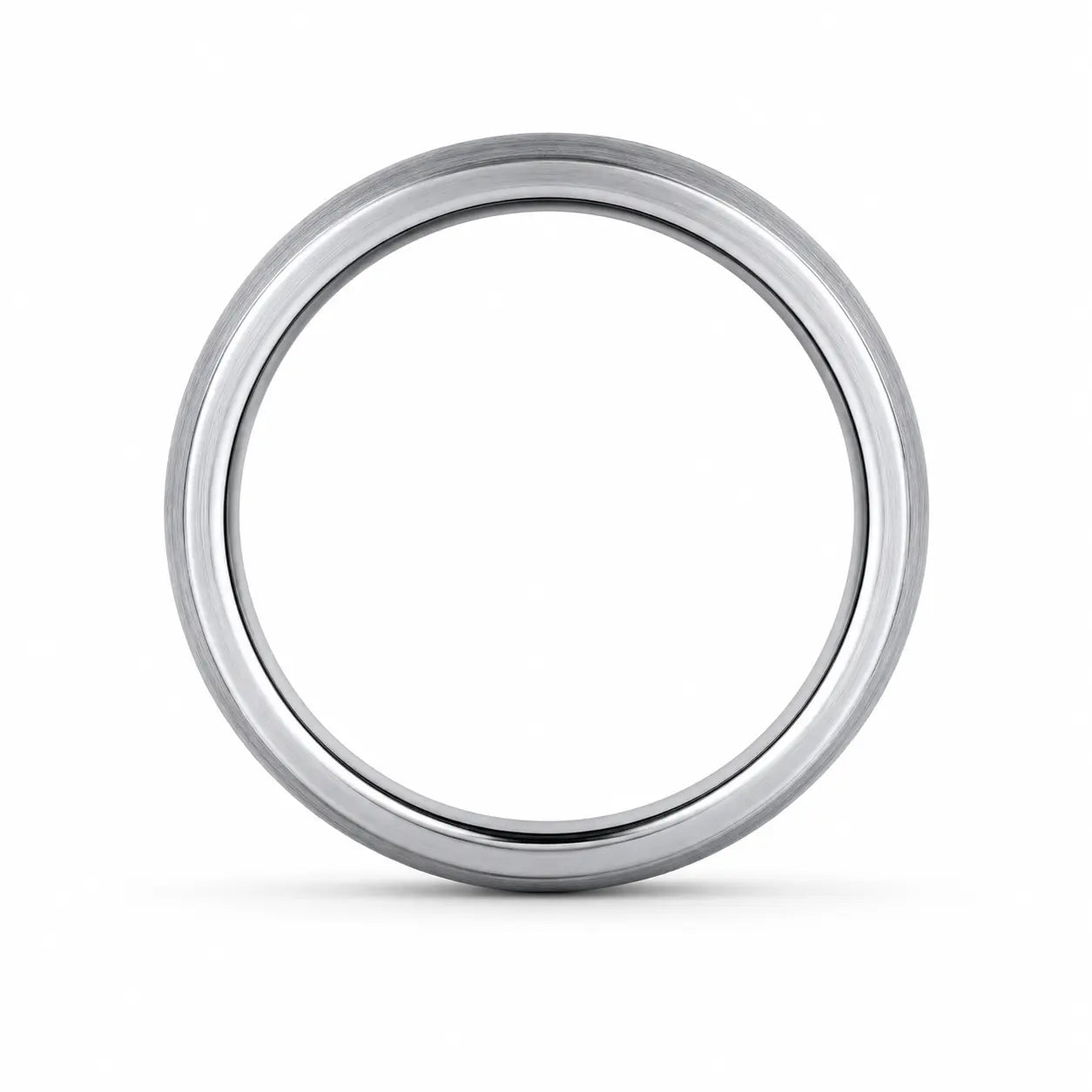 Side view of a 6mm brushed silver tungsten wedding ring on a white background