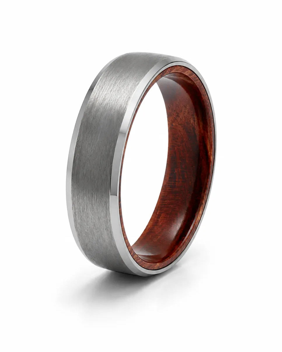 6mm brushed silver tungsten wedding ring with polished edges and genuine maple wood sleeve shown at an angled view on a white background.