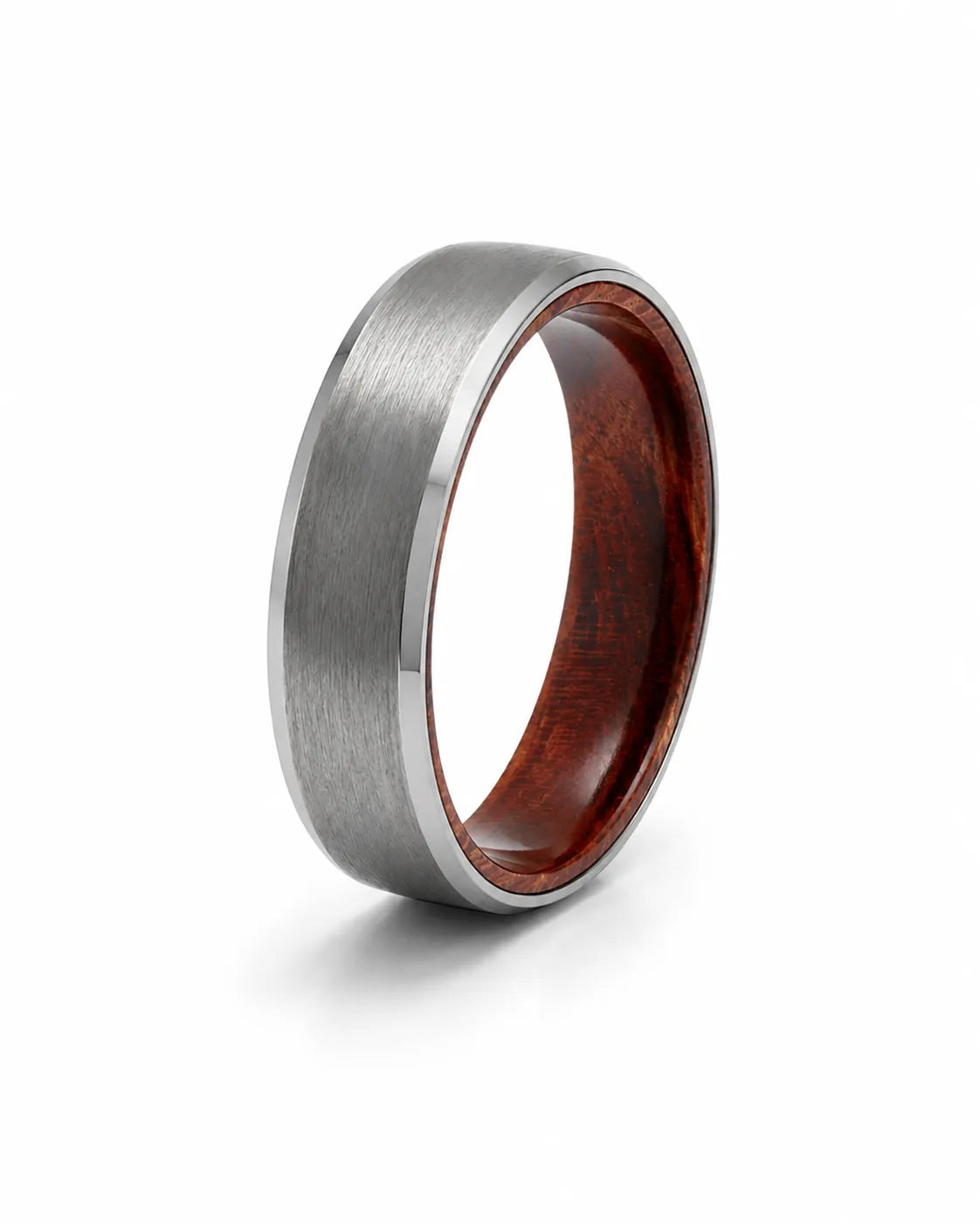 6mm brushed silver tungsten wedding ring with polished edges and genuine maple wood sleeve shown at an angled view on a white background.