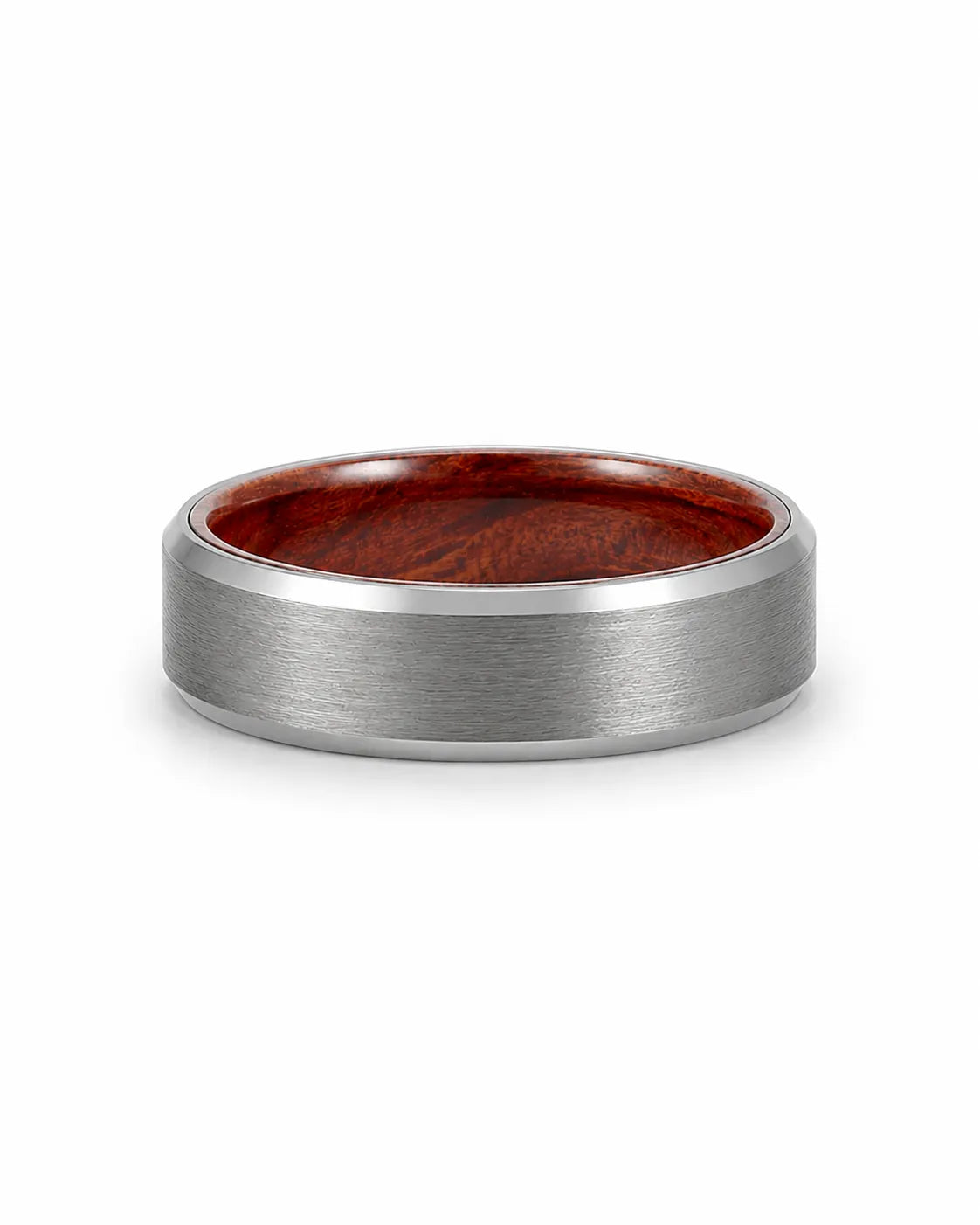 6mm brushed silver tungsten wedding ring with polished edges and genuine maple wood sleeve lying flat on a white background.