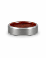 6mm brushed silver tungsten wedding ring with polished edges and genuine maple wood sleeve lying flat on a white background.